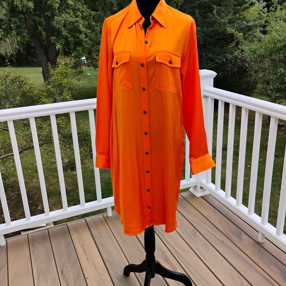 LAUREN Ralph Lauren Orange Viscose Shirt Dress Size 8 Button Front and Cuffs - Picture 8 of 10